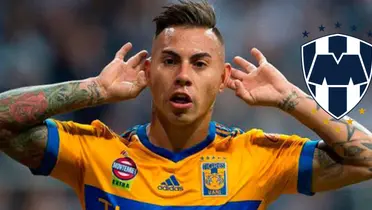 Edu Vargas con Tigres y escudo de Rayados/FOTO: Fútbol Total