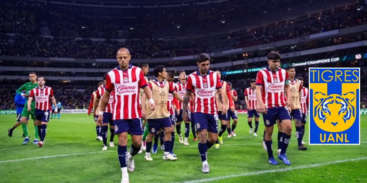 Jugadores de Chivas y el escudo de Tigres/FOTO: FDP Radio