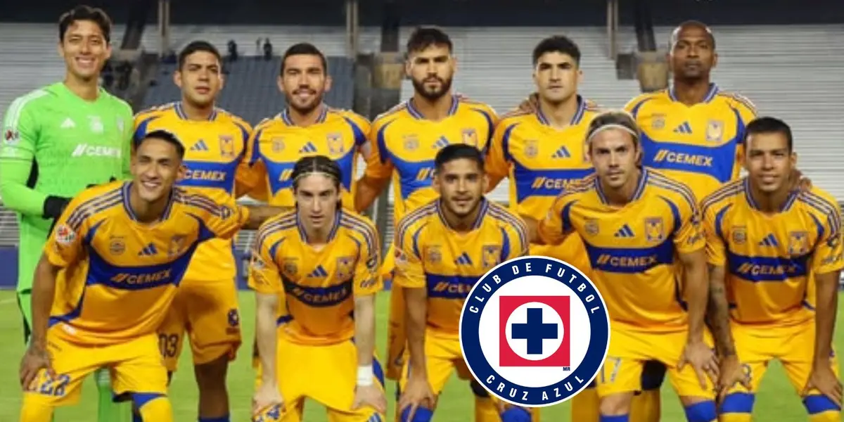 Jugadores de Tigres y escudo de Cruz Azul/FOTO: X Tigres